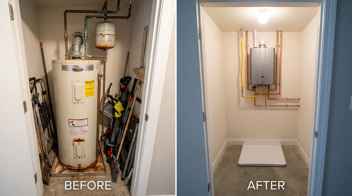 Tank water heater versus wall-mounted tankless unit comparison for Carlisle, MA homeowners