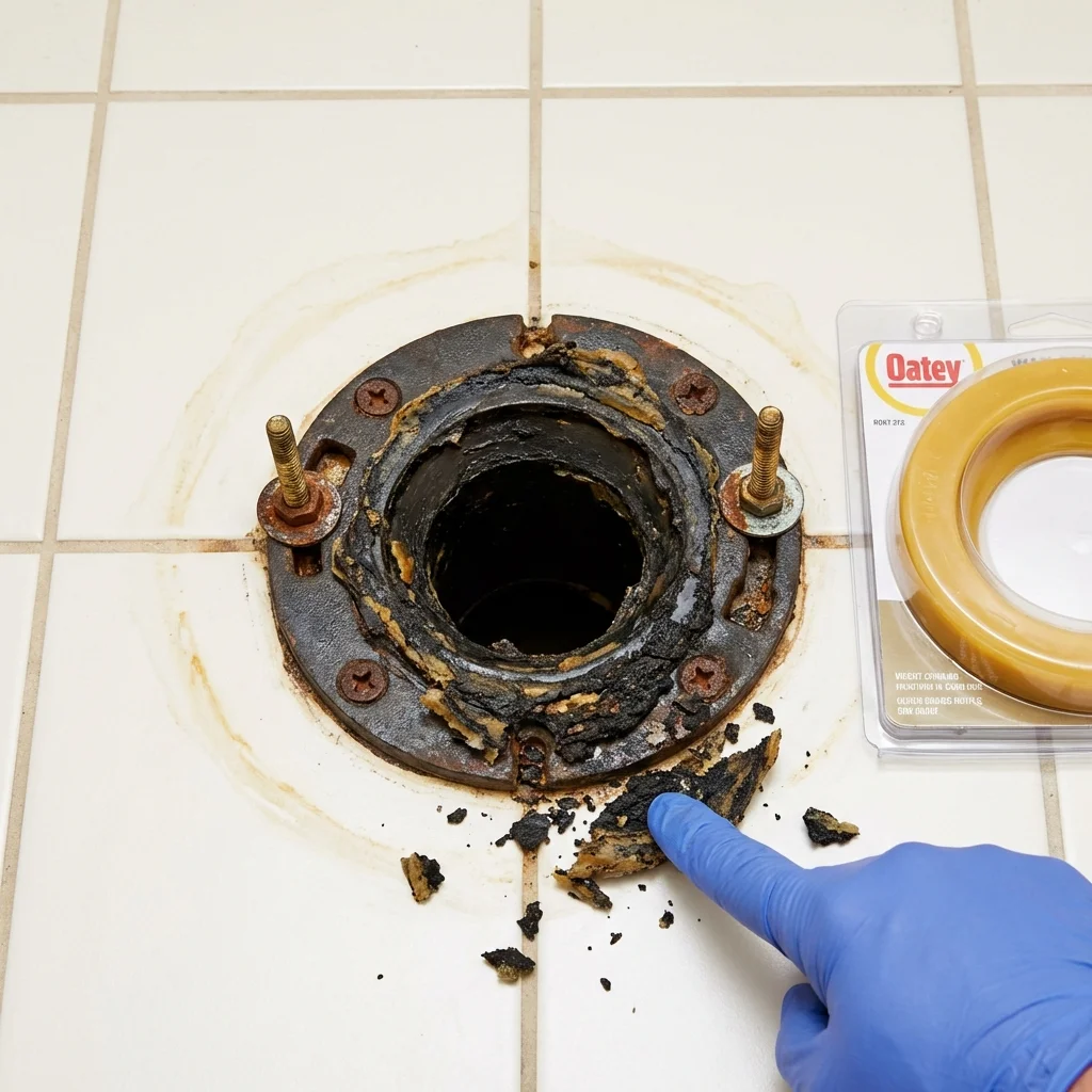 Failed wax ring showing water seepage at the base of a toilet in a Carlisle, MA home