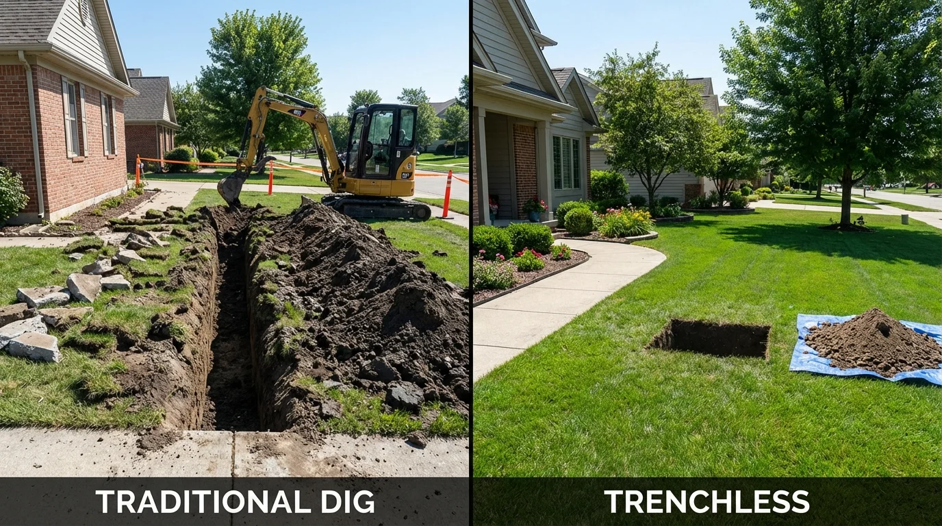 Trenchless sewer repair with minimal yard damage versus traditional excavation in Carlisle, MA